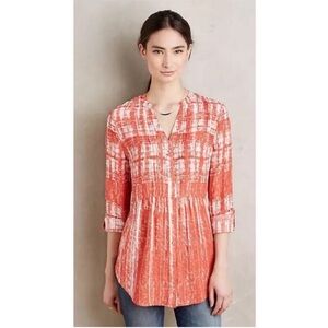 Maeve Anthropologie Calia Button Down Tuxedo Blouse, Orange/White, Size 0P